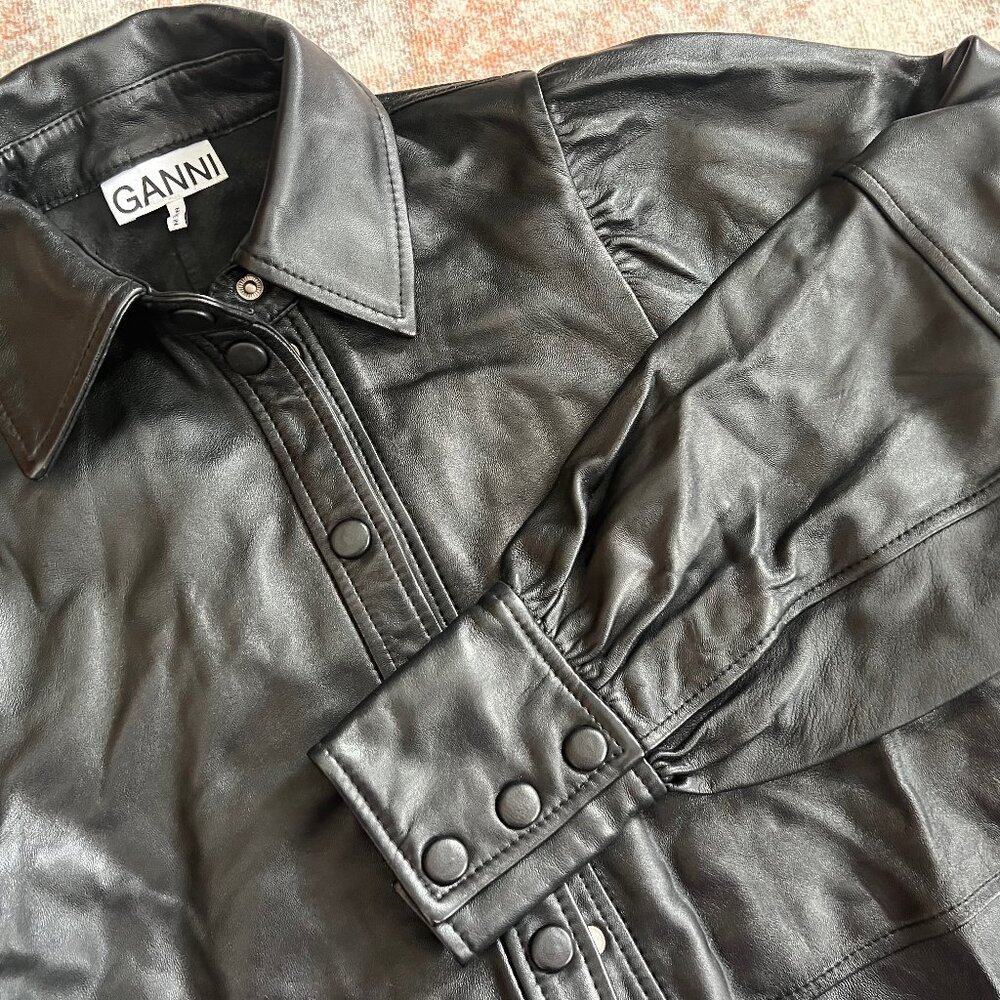 Ganni lamb leather oversized puff sleeved shirt